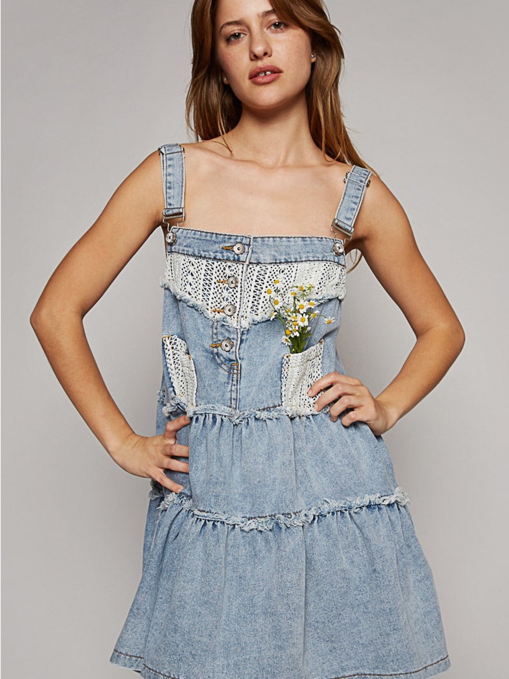 Pol Clothing Tiered Denim Dress with Lace